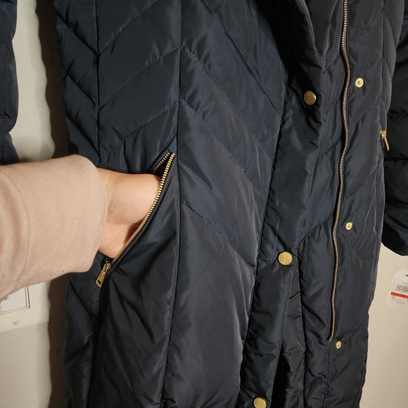 NWT Cole Haan Down Maxi Hooded Chevron Puffer Navy Coat. Women's size XS - Picture 11 of 16